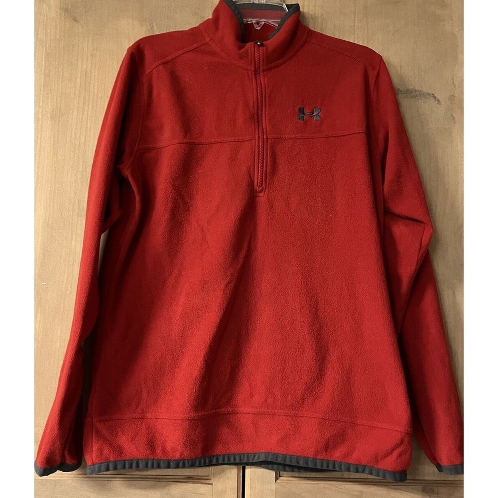 Under Armour Jacket Mens‎ M Red Gray Fleece 1/4 Zip Pullover Athletic Activewear